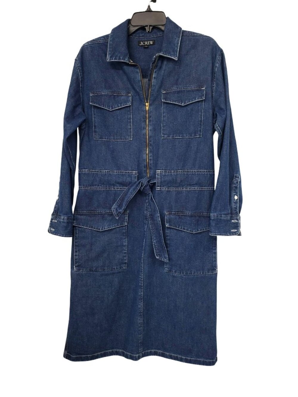 J. Crew $178 Denim Utility Dress Western Shirt Dress Tie Waist Womens 4 Office - Picture 2 of 12
